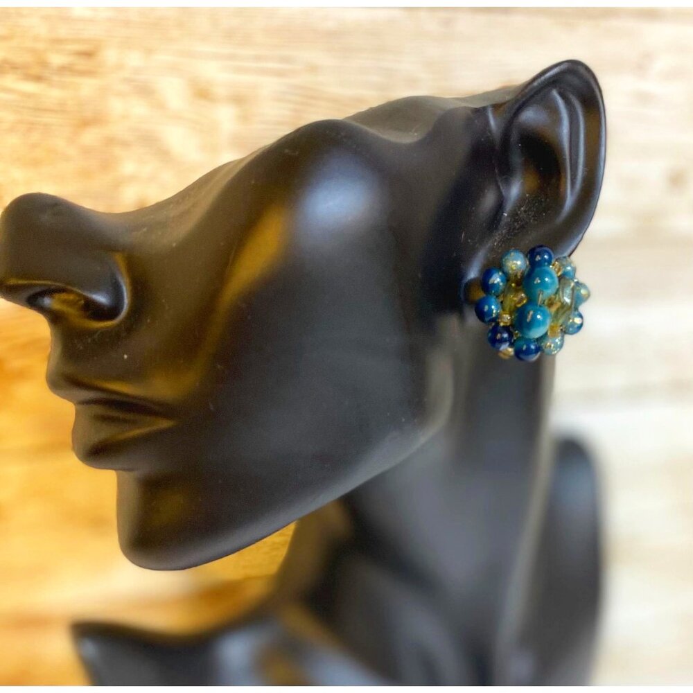 Mid-Century Cluster Earrings - Gold speckled blue-green-teal beads - JAPAN